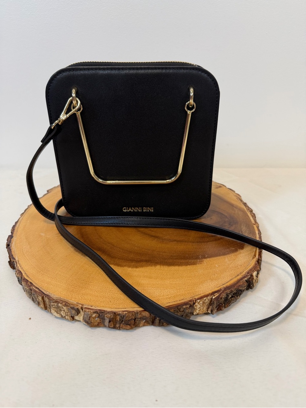 Gianni Bini Black Faux Leather Crossbody with Gold Tone Accent Handle 7x7 inches